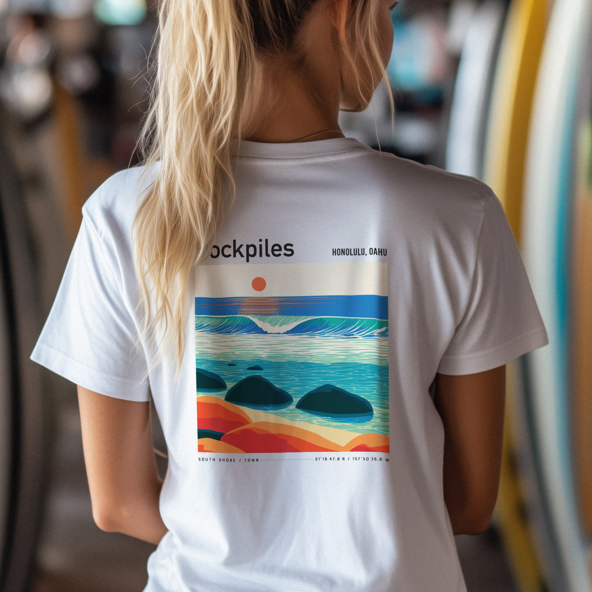 Rockpiles Surf T-Shirt | Raw Hawaiian Reef Wave Tee — design printed on the back of the t-shirt