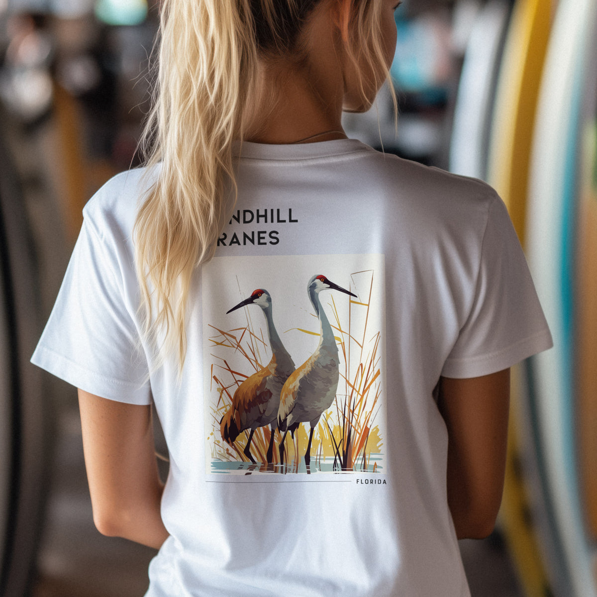 Sandhill Cranes Florida Travel T-Shirt | Wild Birds of the Sunshine State — design printed on the back of the t-shirt