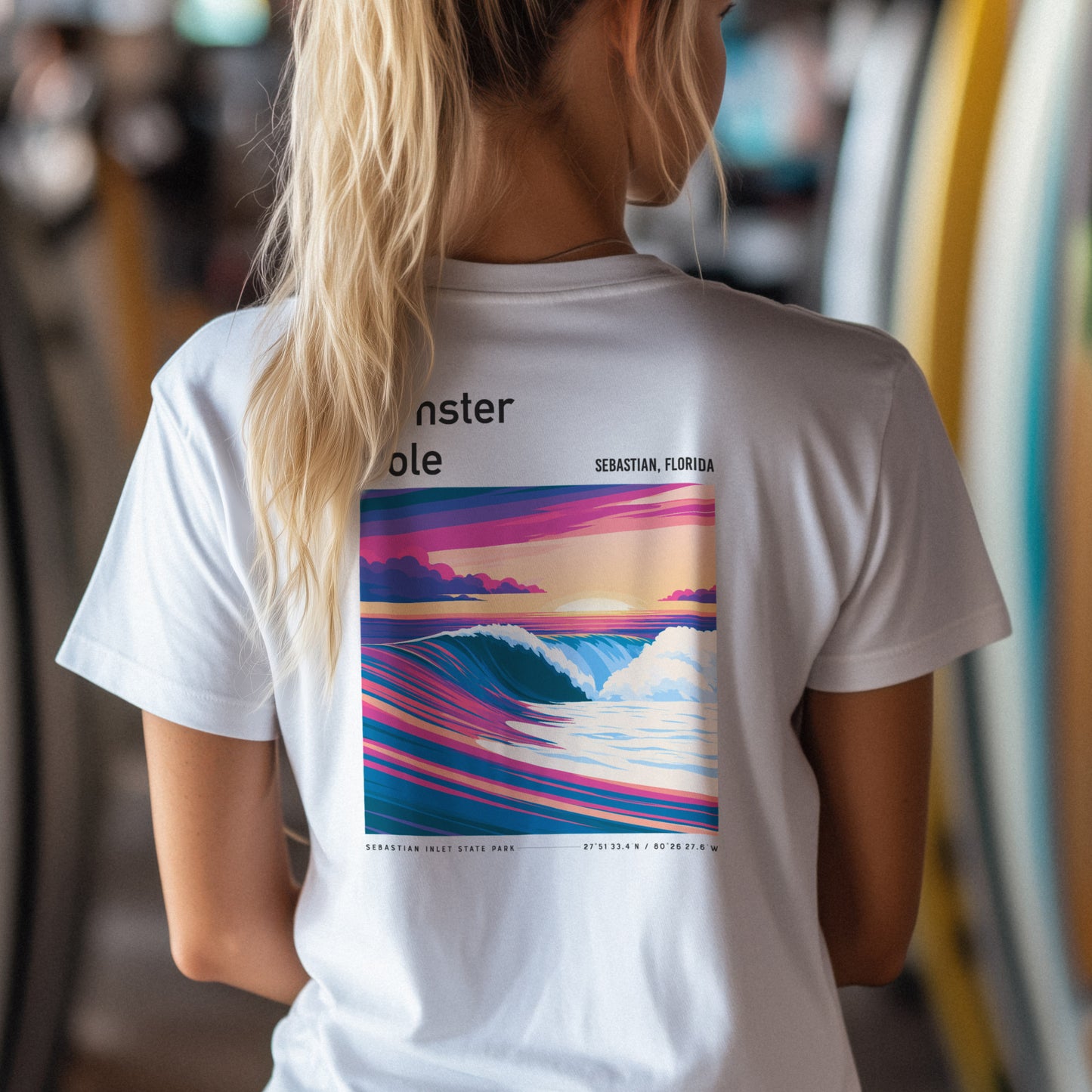 Monster Hole Surf T-Shirt | Florida's Hidden Swell Art — design printed on the back of the t-shirt