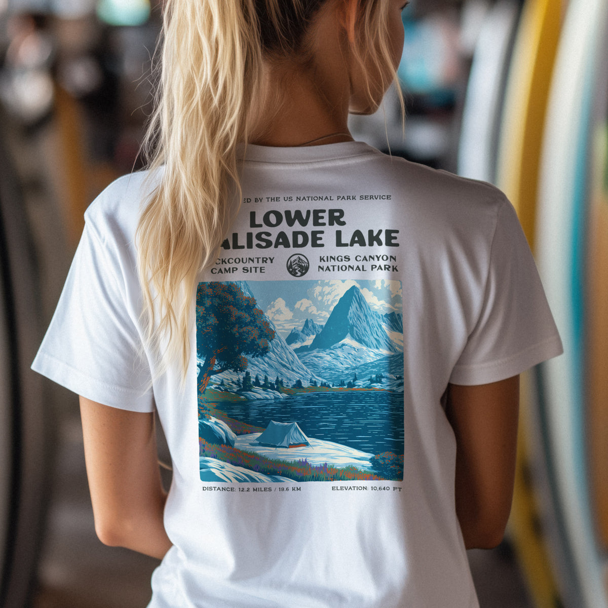 Lower Palisade Lake Hiking T-Shirt | Backpacker Gift | High Sierra Trail Tee — design printed on the back of the t-shirt