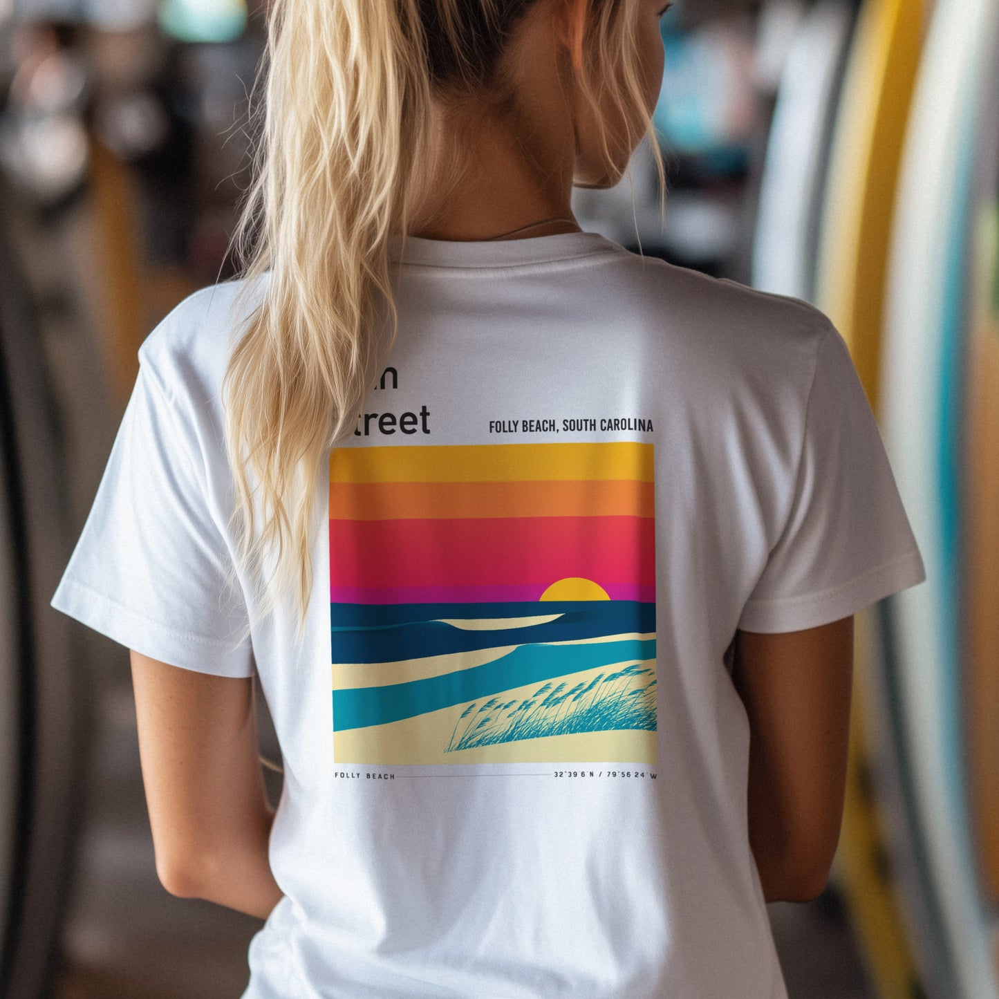 10th Street Surf T-Shirt | Carolina Coast Wave Art Tee — design printed on the back of the t-shirt