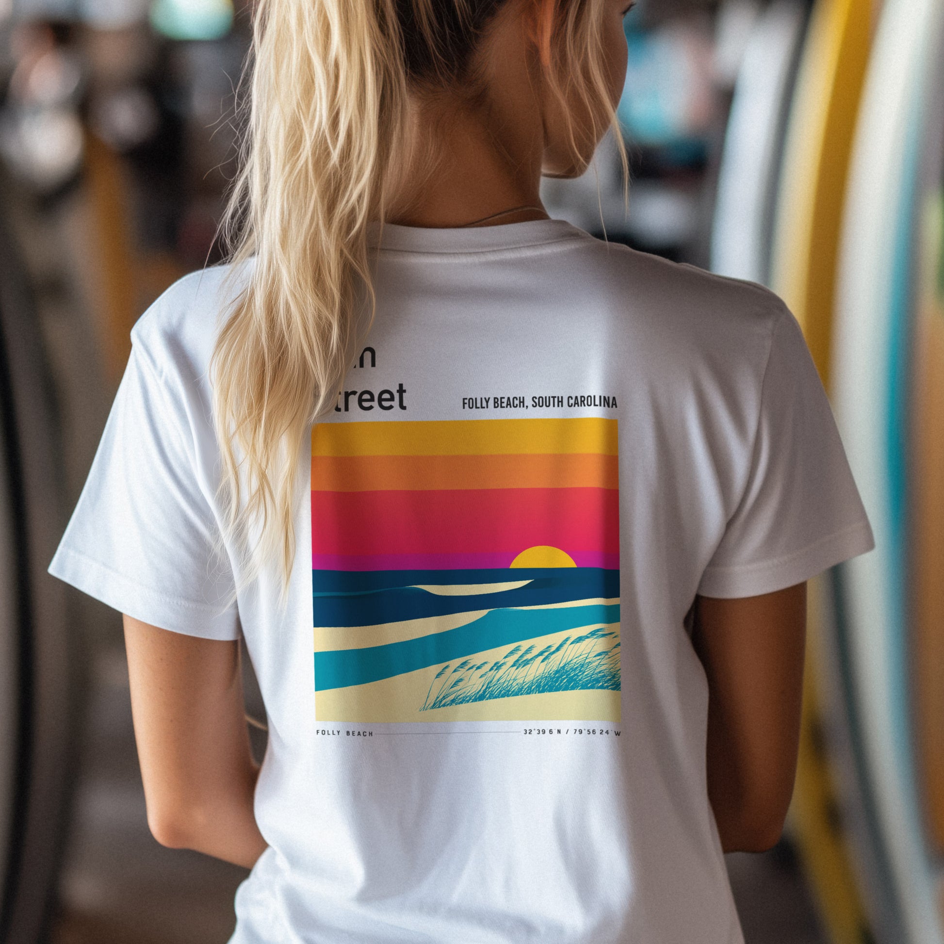 10th Street Surf T-Shirt | Carolina Coast Wave Art Tee — design printed on the back of the t-shirt