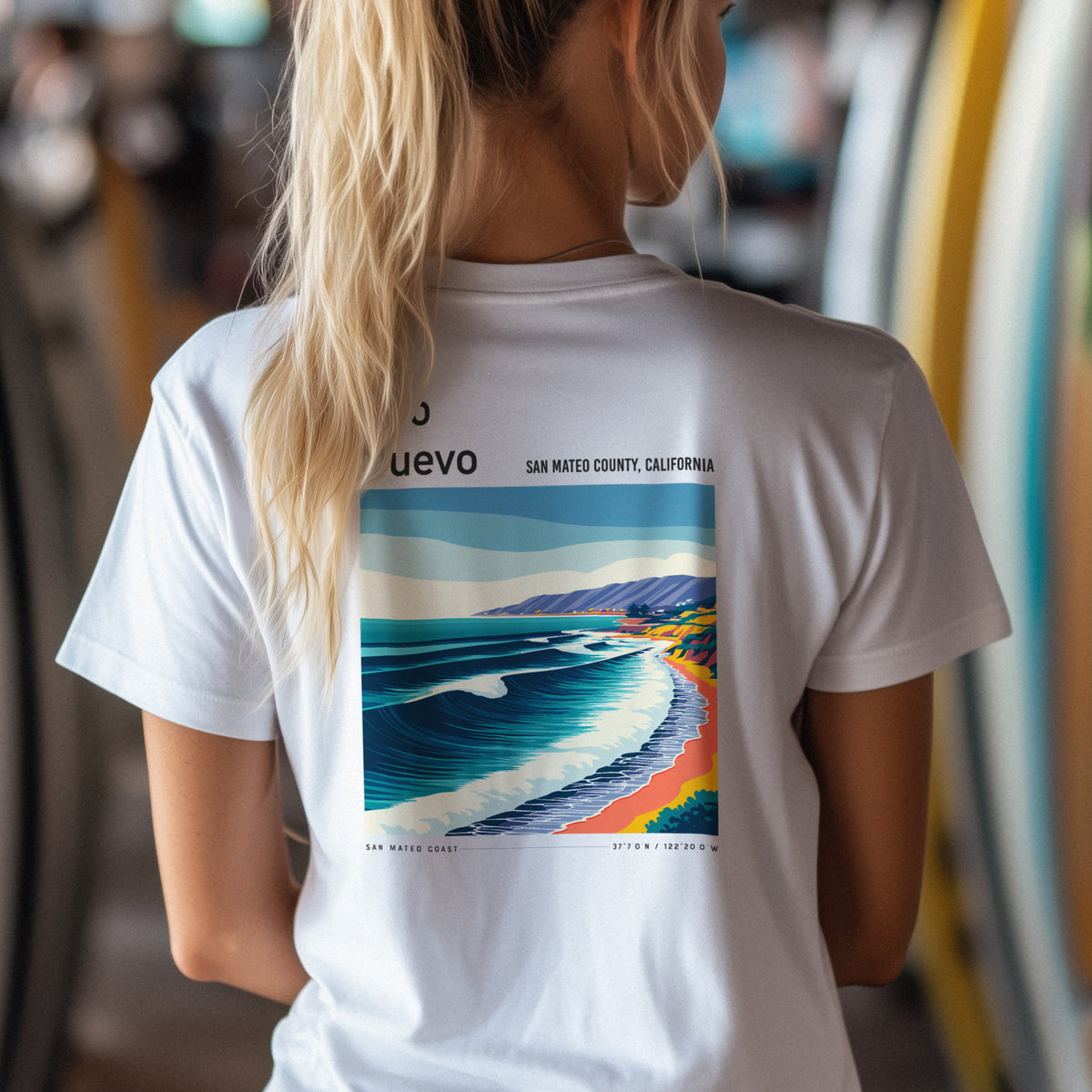 Año Nuevo Surf T-Shirt | Wild Coast Wave Art Tee — design printed on the back of the t-shirt