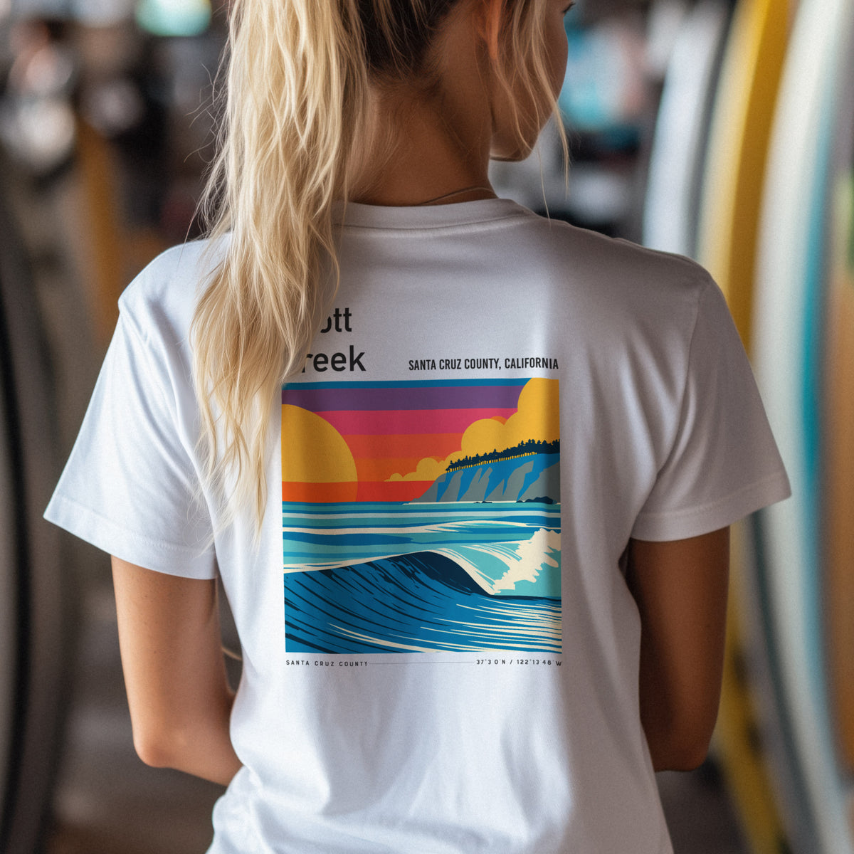 Scott Creek Surf T-Shirt | Central Coast Wave Art Tee — design printed on the back of the t-shirt