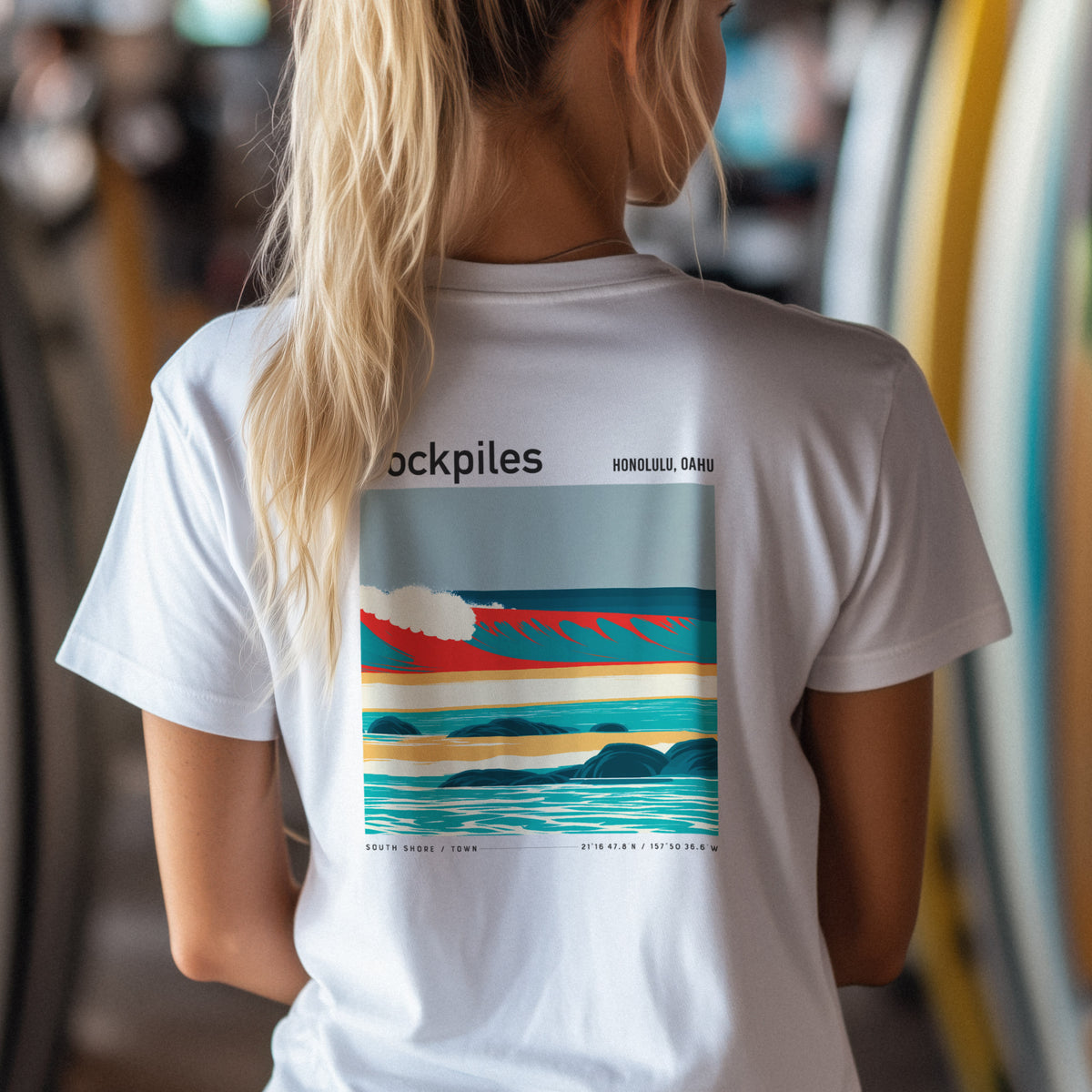 Rockpiles Surf T-Shirt | Raw Hawaiian Reef Wave Tee — design printed on the back of the t-shirt