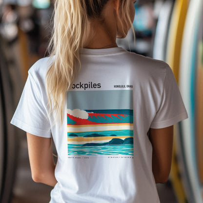 Rockpiles Surf T-Shirt | Raw Hawaiian Reef Wave Tee — design printed on the back of the t-shirt