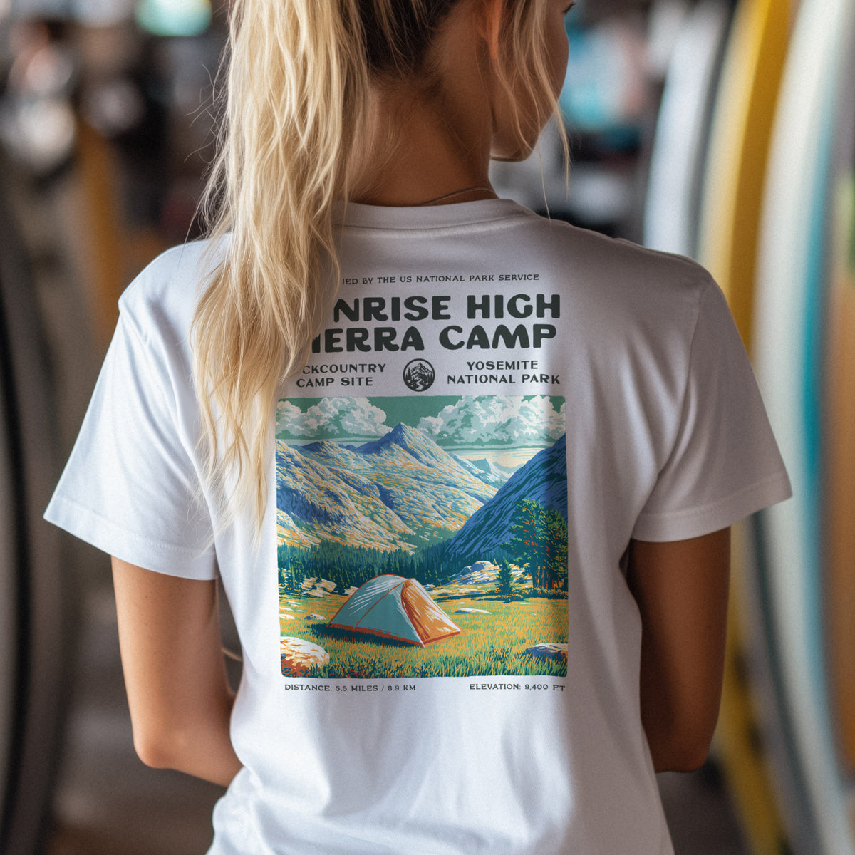 Sunrise High Sierra Camp Hiking T-Shirt | Camper Gift | Yosemite Backcountry Tee — design printed on the back of the t-shirt