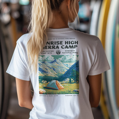 Sunrise High Sierra Camp Hiking T-Shirt | Camper Gift | Yosemite Backcountry Tee — design printed on the back of the t-shirt