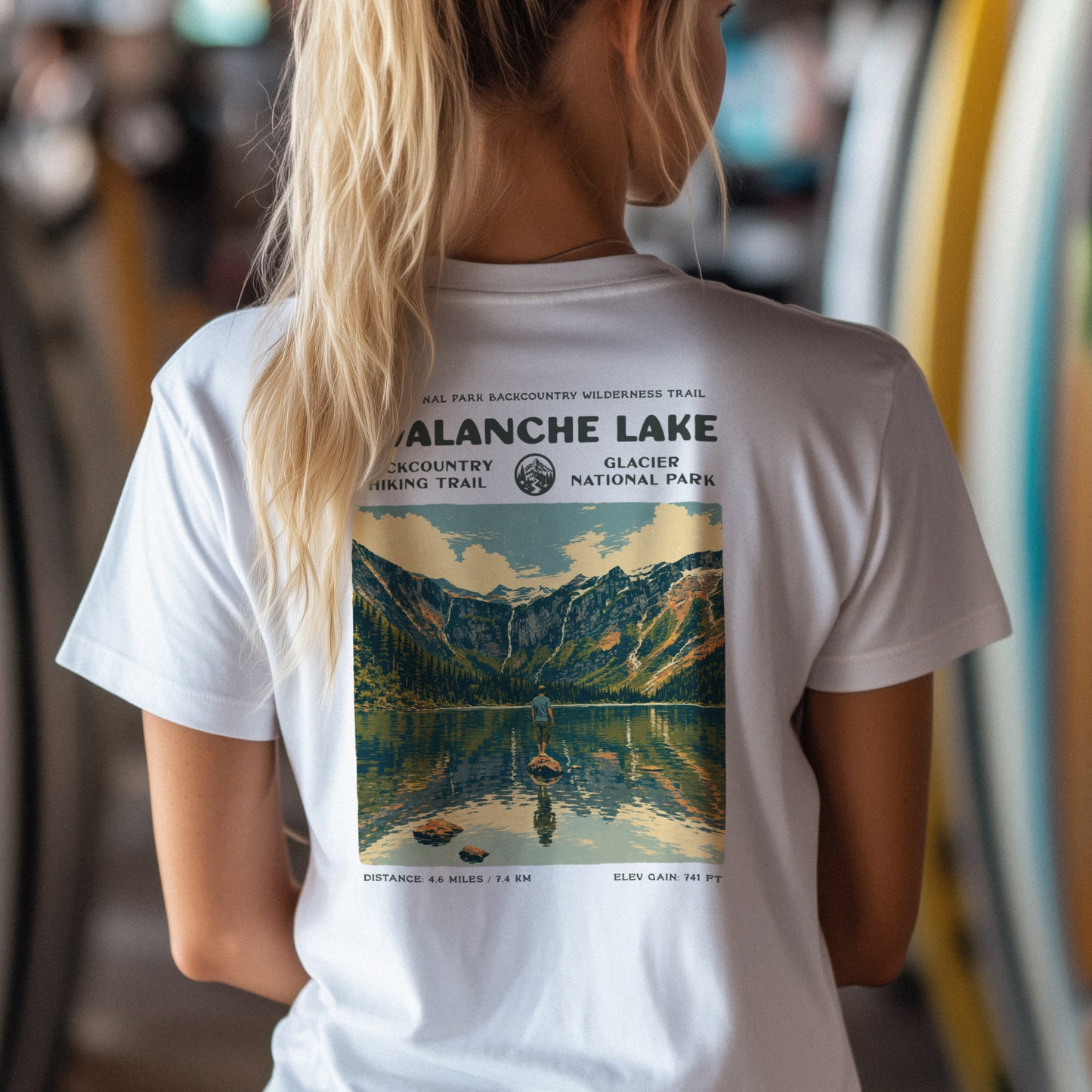 Avalanche Lake Hiking T-Shirt | Hiker Gift | Glacier Trail Tee — design printed on the back of the t-shirt