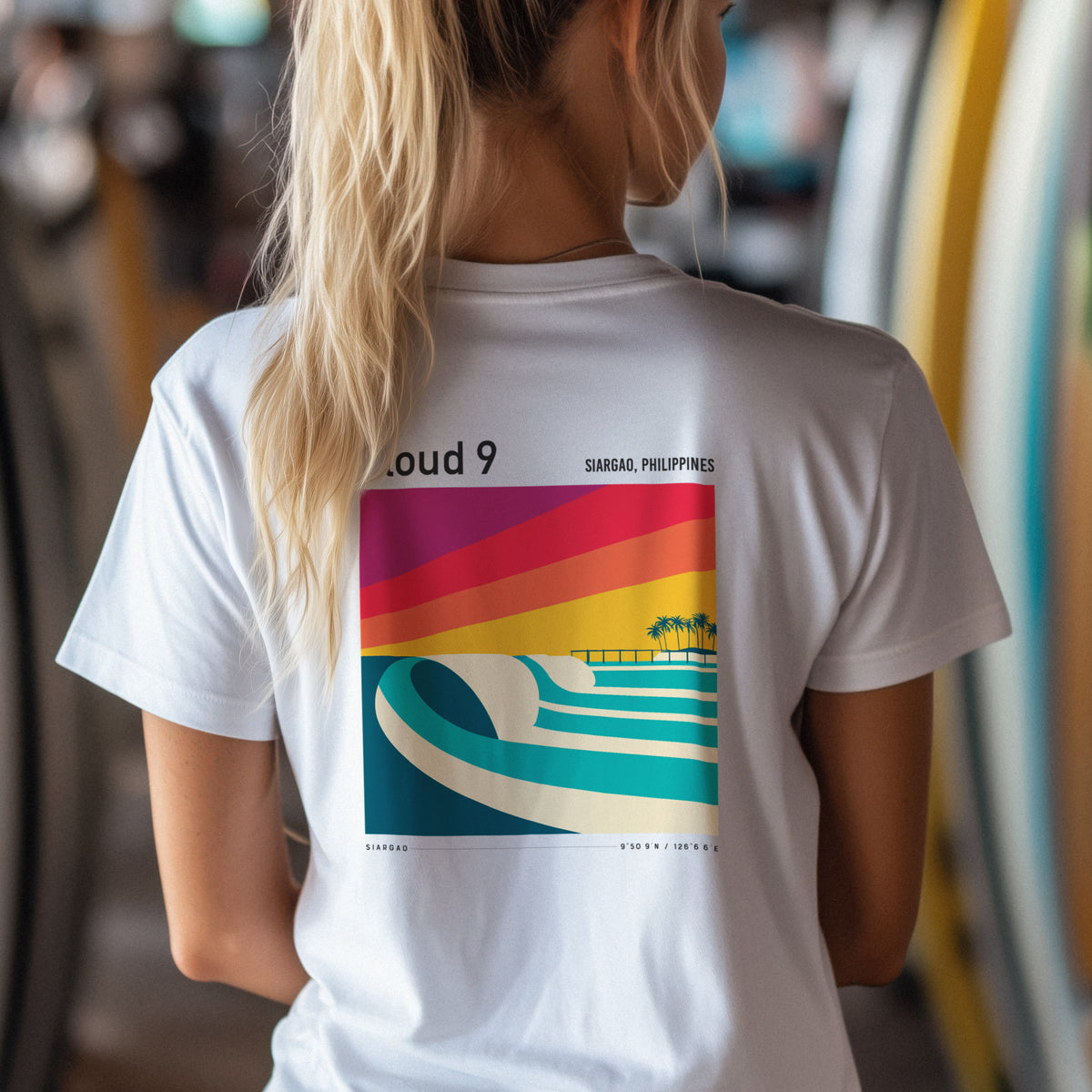 Cloud 9, Siargao Surf T-Shirt | Hollow Barrels Over Reef — design printed on the back of the t-shirt