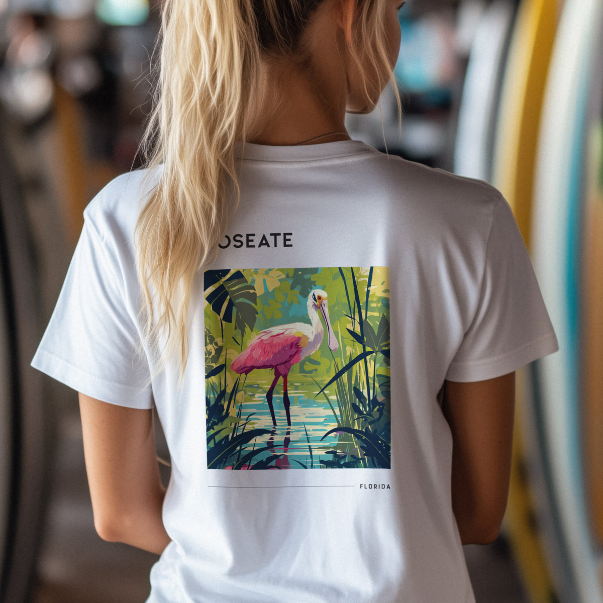Florida Roseate Spoonbill Travel T-Shirt | Pink Wings, Wild Places — design printed on the back of the t-shirt