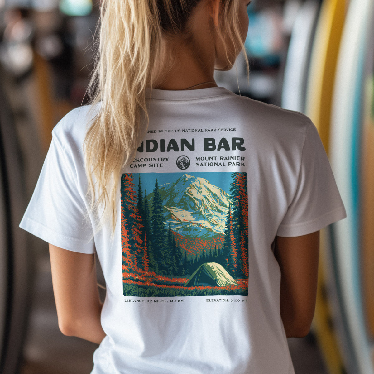 Indian Bar Hiking T-Shirt | Hiker Gift | Wild Rainier Trail Tee — design printed on the back of the t-shirt