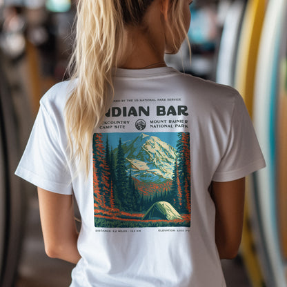 Indian Bar Hiking T-Shirt | Hiker Gift | Wild Rainier Trail Tee — design printed on the back of the t-shirt