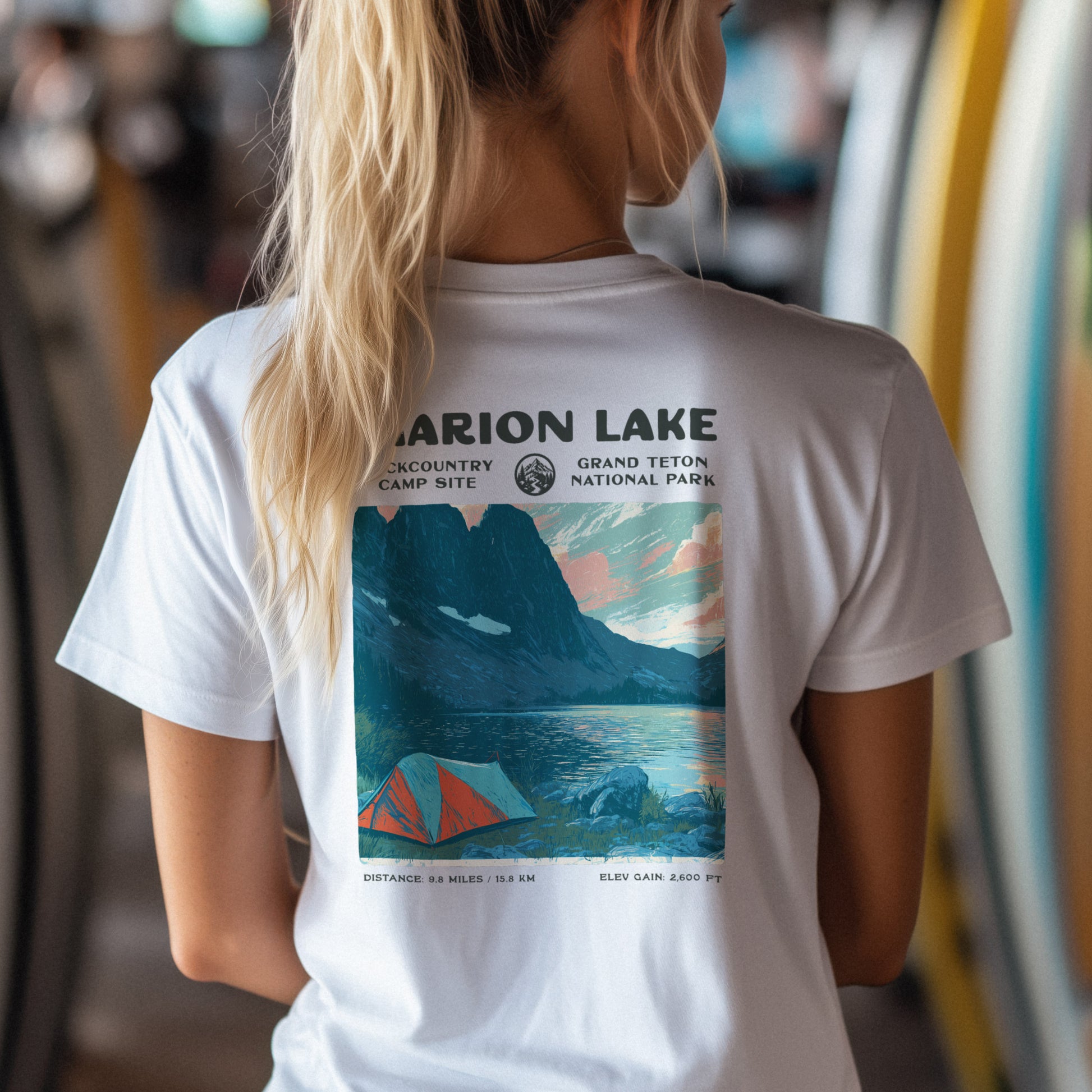 Marion Lake Hiking T-Shirt | Hiker Gift | Teton Backcountry Trail Tee — design printed on the back of the t-shirt