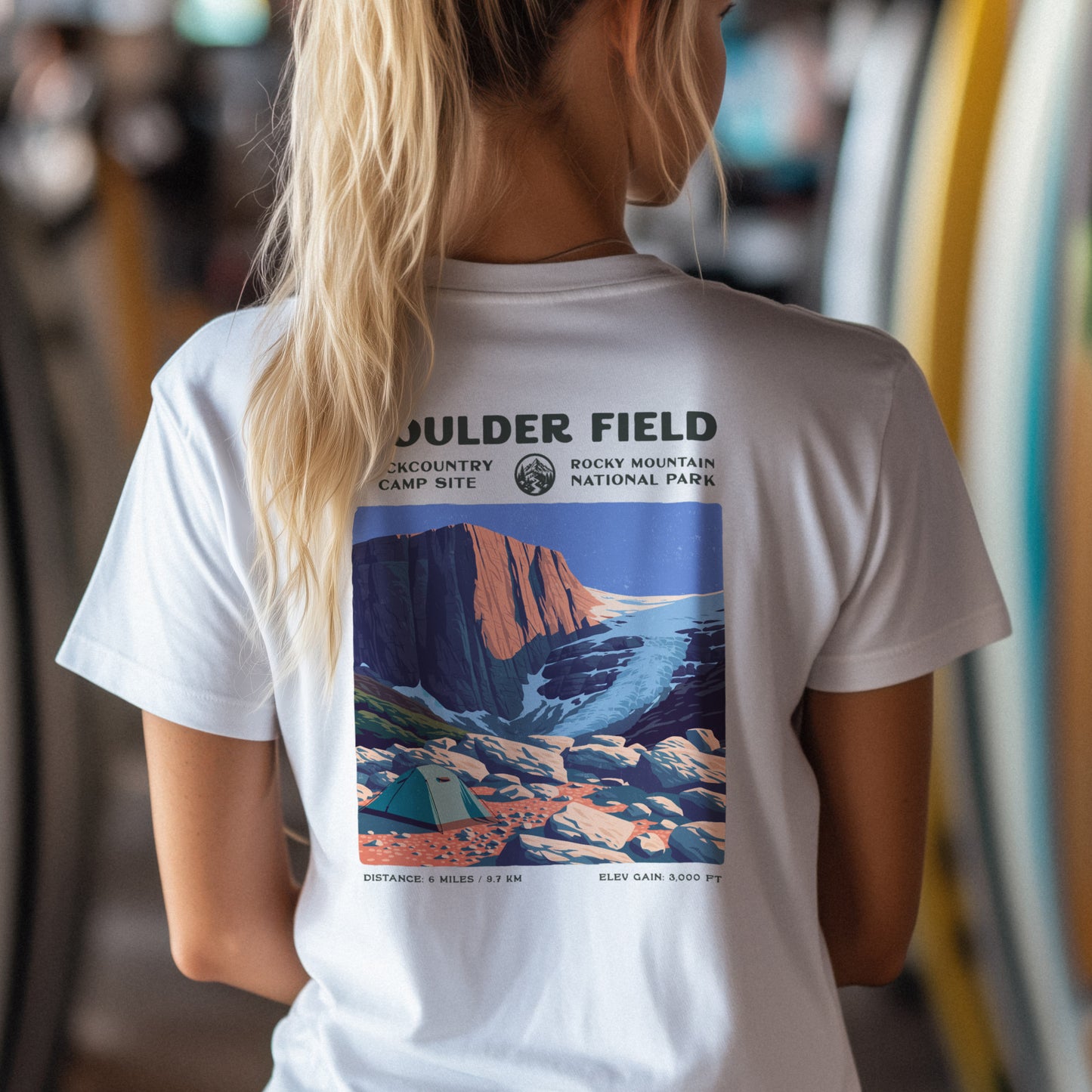 Boulder Field Hiking T-Shirt | Hiker Gift | Rocky Mountain Trail Tee — design printed on the back of the t-shirt