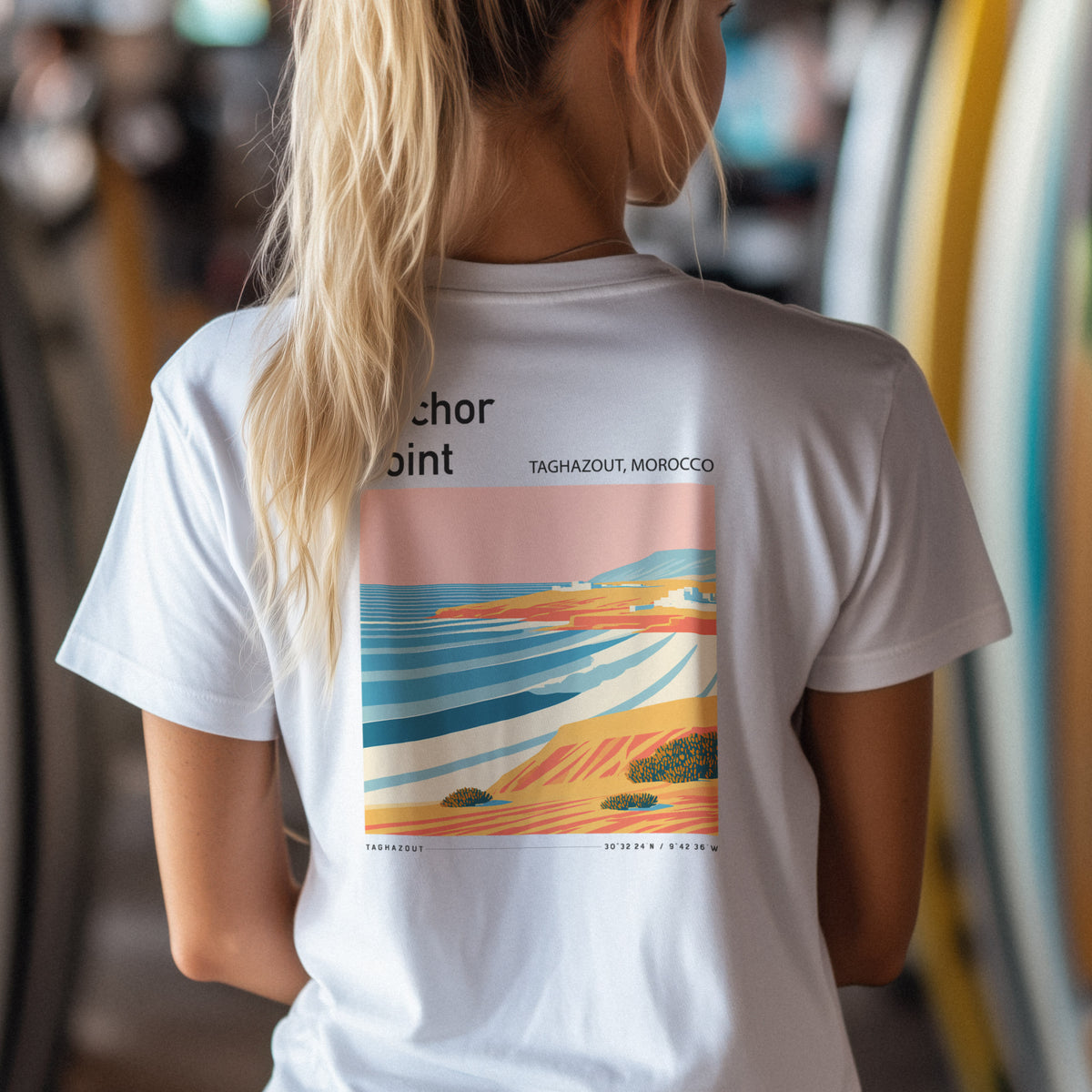 Anchor Point Surf T-Shirt | Moroccan Barrels Wave Art Tee — design printed on the back of the t-shirt