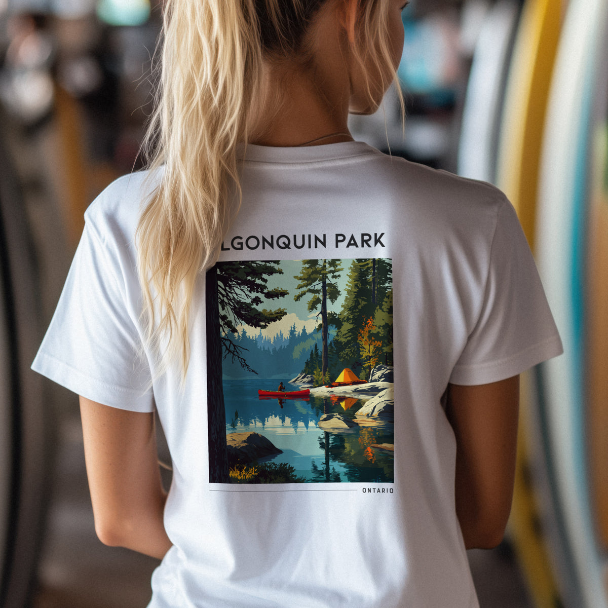 Algonquin Park Travel T-Shirt | Wild Ontario Wilderness Art Tee — design printed on the back of the t-shirt