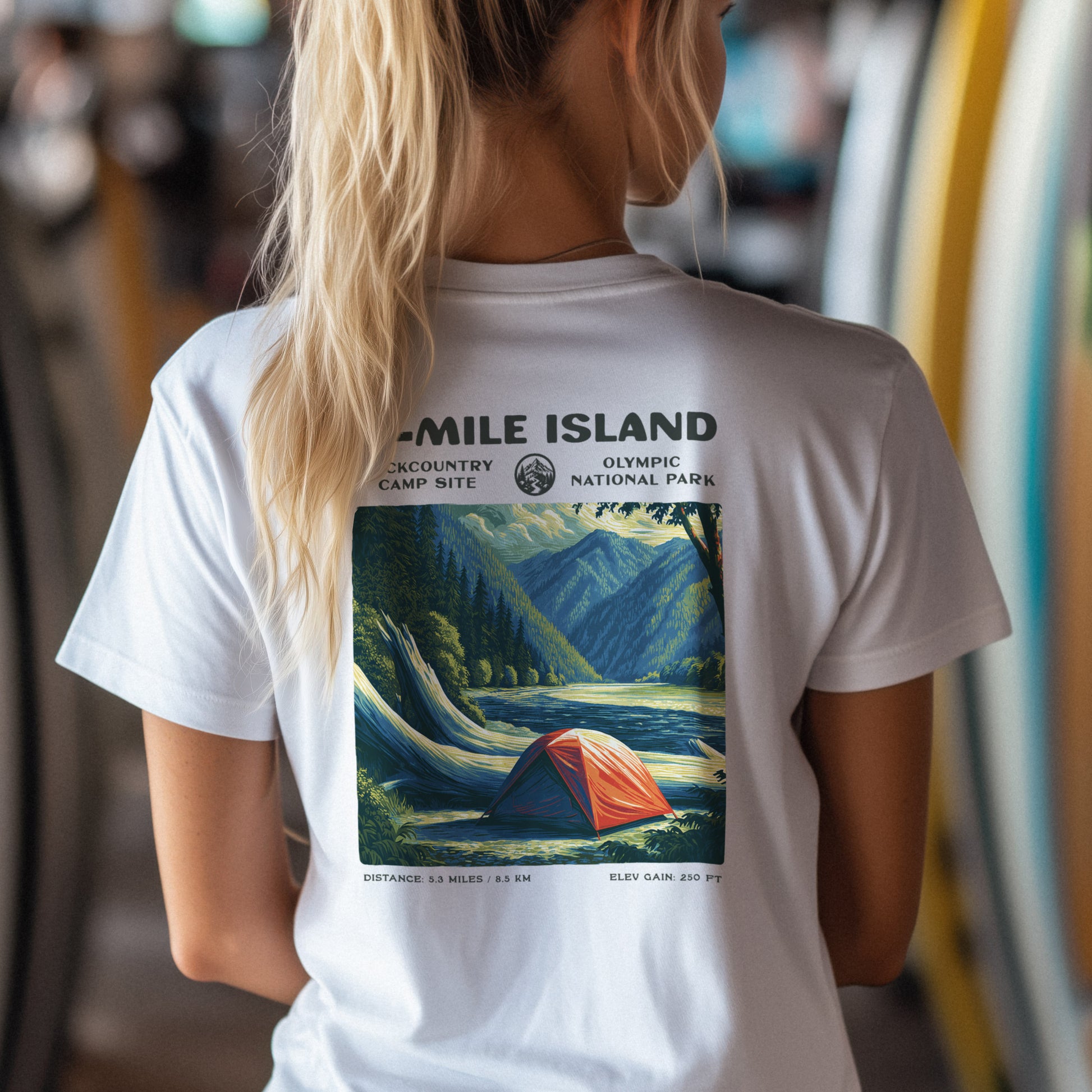 5-Mile Island Hiking T-Shirt | Hiker Gift | Olympic Peninsula Trail Tee — design printed on the back of the t-shirt