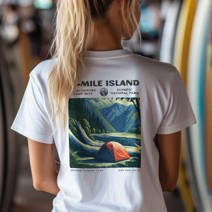 5-Mile Island Hiking T-Shirt | Hiker Gift | Olympic Peninsula Trail Tee — design printed on the back of the t-shirt