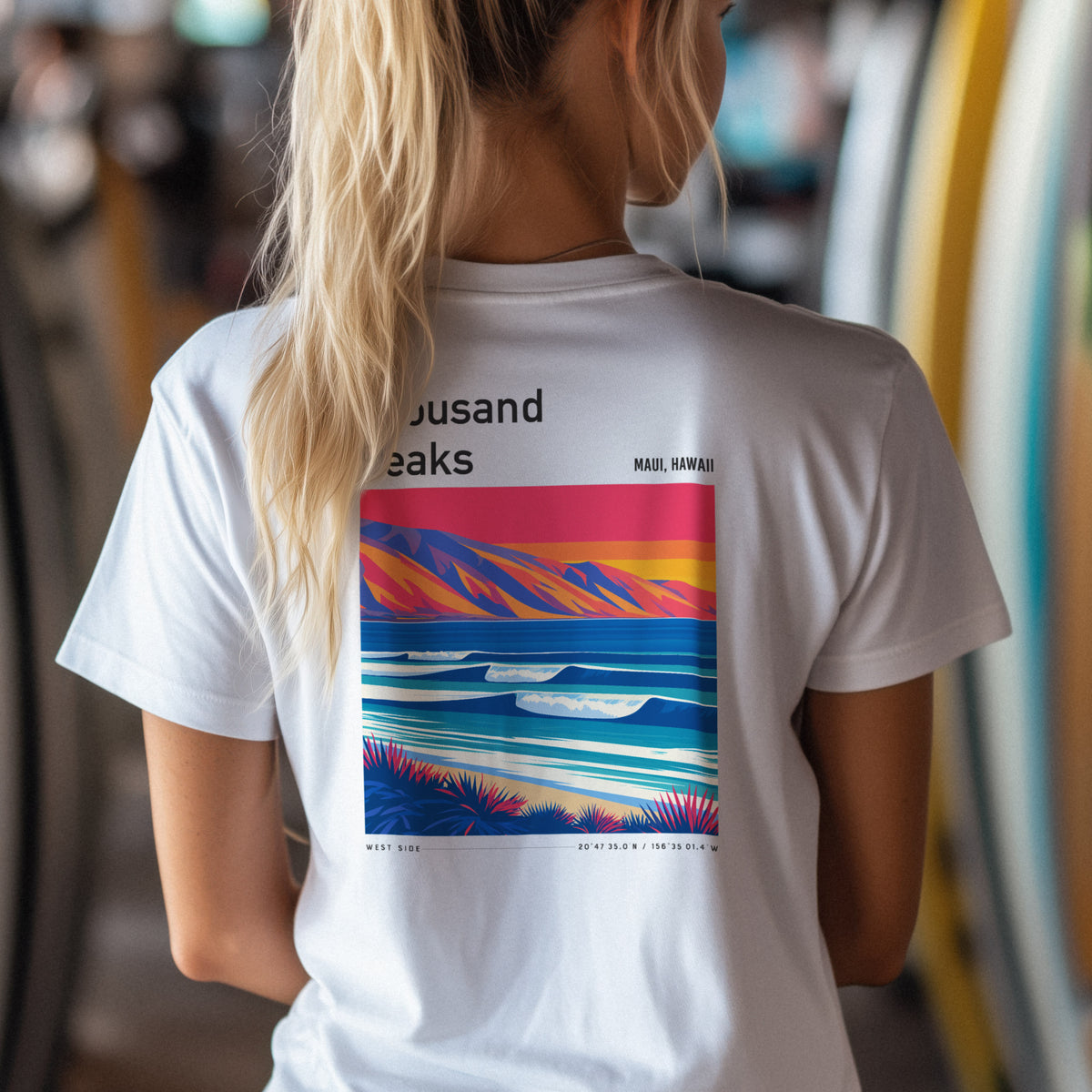 Thousand Peaks Surf T-Shirt | Hawaii Wave Art Tee — design printed on the back of the t-shirt