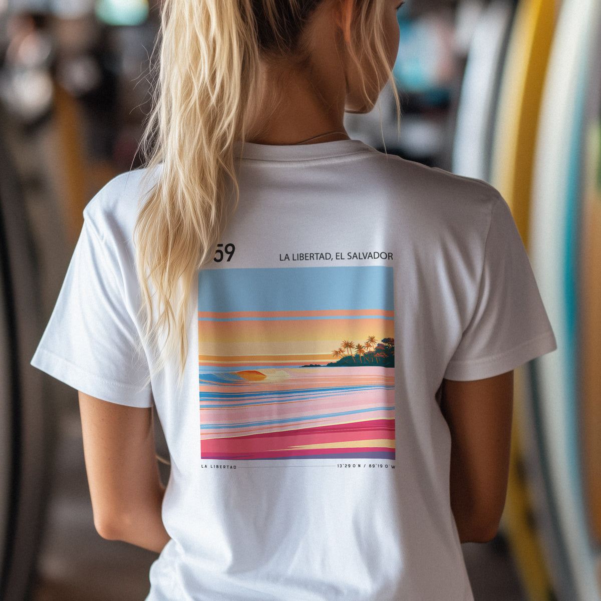 K59, El Salvador Surf T-Shirt | Central American Wave Art Tee — design printed on the back of the t-shirt