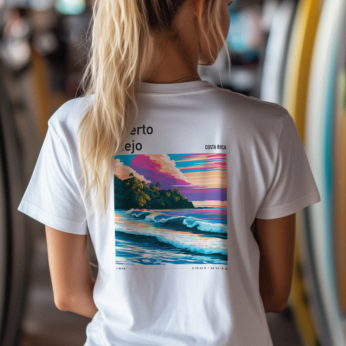 Puerto Viejo Surf T-Shirt | Caribbean Coast Wave Art Tee — design printed on the back of the t-shirt