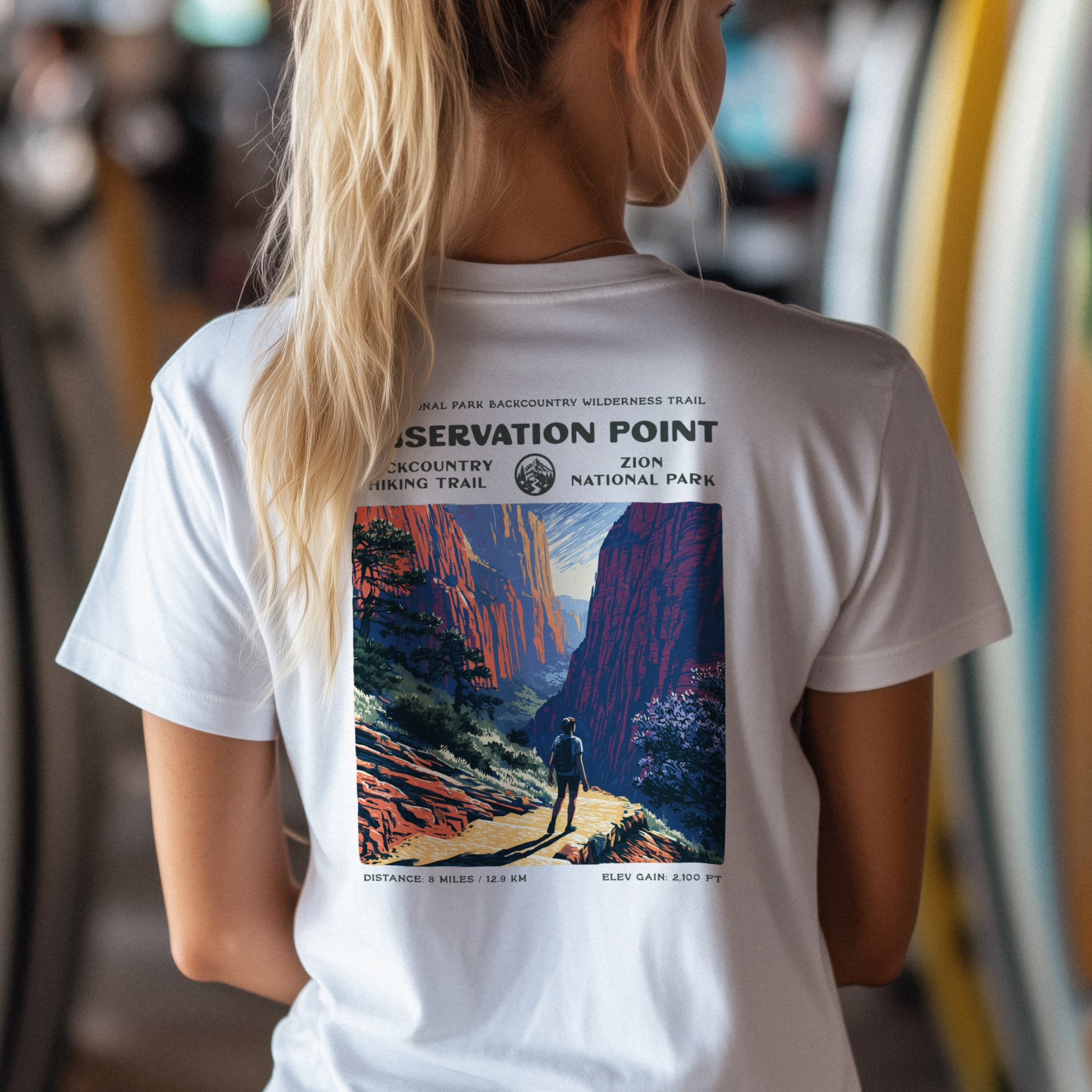 Observation Point Hiking T-Shirt | Hiker Gift | Zion Canyon Trail Tee — design printed on the back of the t-shirt
