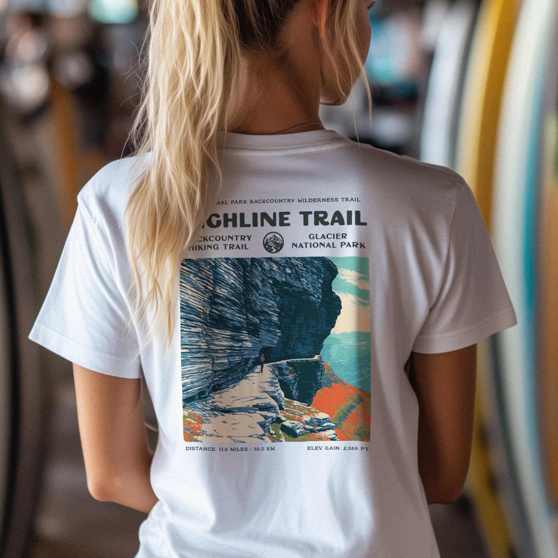 Highline Trail Hiking T-Shirt | Hiker Gift | Glacier Park Trail Tee — design printed on the back of the t-shirt