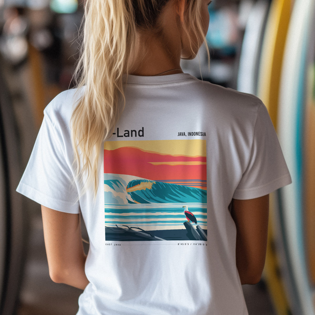 G-Land, Java Surf T-Shirt | Legendary Indonesian Wave Art — design printed on the back of the t-shirt