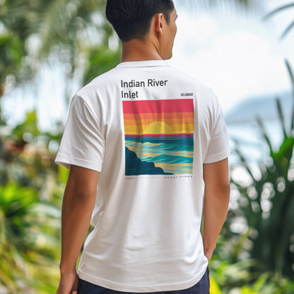 Indian River Inlet Surf T-Shirt | Delaware Coast Wave Art Tee — design printed on the back of the t-shirt