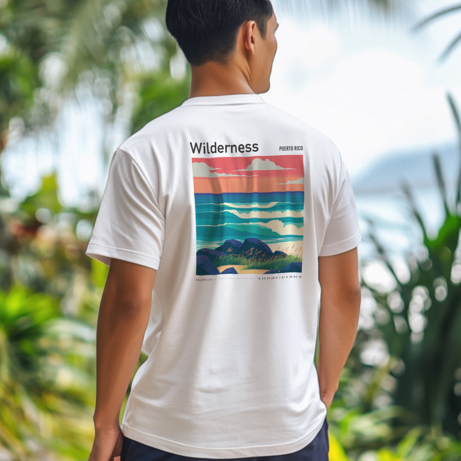 Wilderness Surf T-Shirt | Puerto Rico Wave Art Tee — design printed on the back of the t-shirt