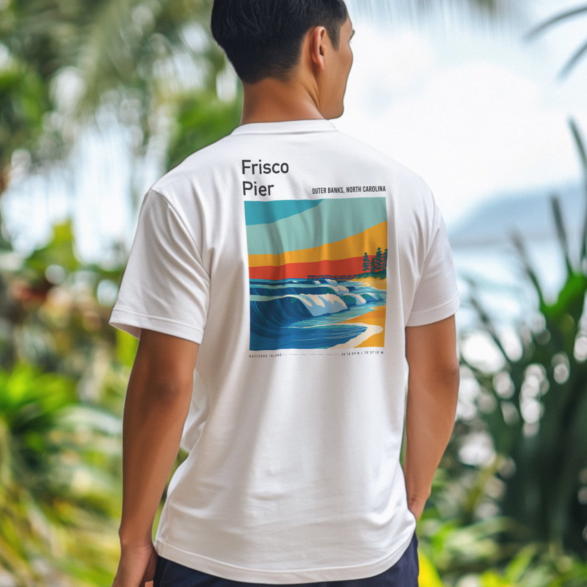 Frisco Pier Surf T-Shirt | Outer Banks Wave Art Tee — design printed on the back of the t-shirt