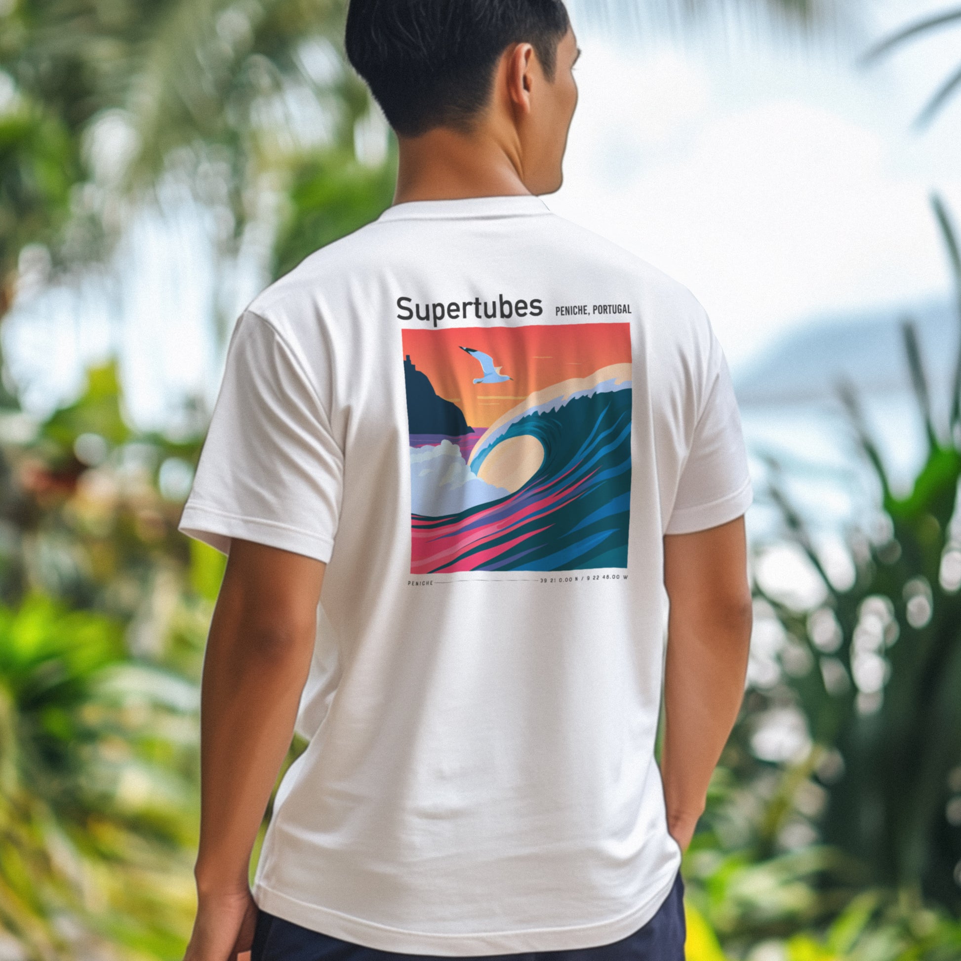 Supertubes Surf T-Shirt | Portuguese Barrel Wave Art Tee — design printed on the back of the t-shirt