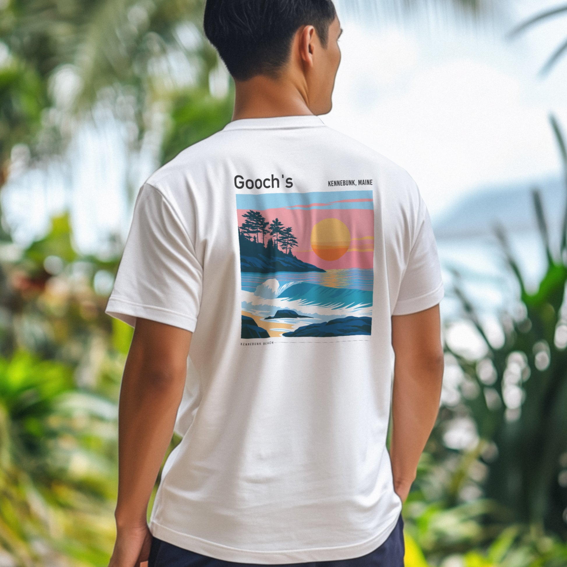 Gooch's Beach Surf T-Shirt | Maine Coast Wave Art Tee — design printed on the back of the t-shirt