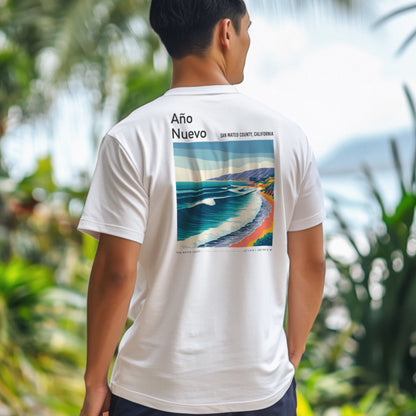Año Nuevo Surf T-Shirt | Wild Coast Wave Art Tee — design printed on the back of the t-shirt