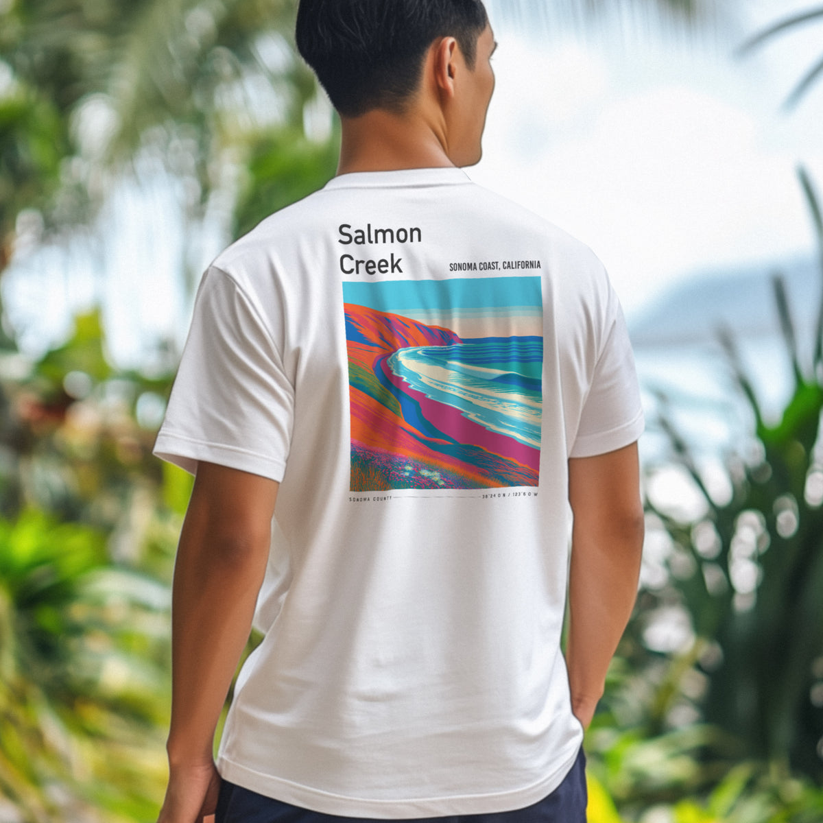 Salmon Creek Surf T-Shirt | Wild Sonoma Coast Wave Art — design printed on the back of the t-shirt
