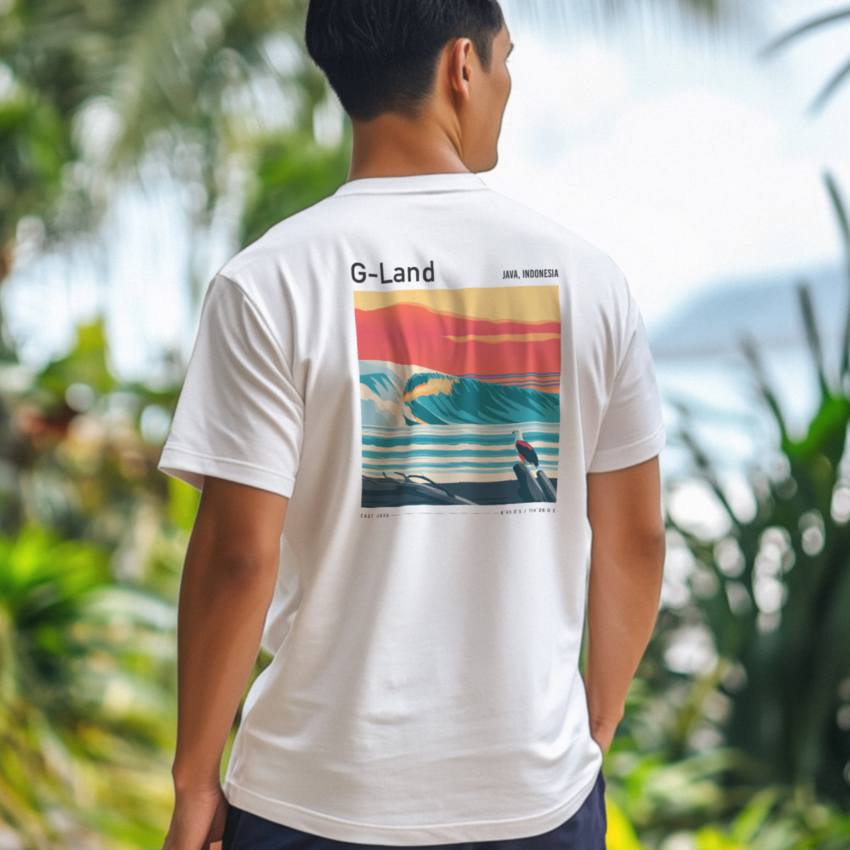 G-Land, Java Surf T-Shirt | Legendary Indonesian Wave Art — design printed on the back of the t-shirt