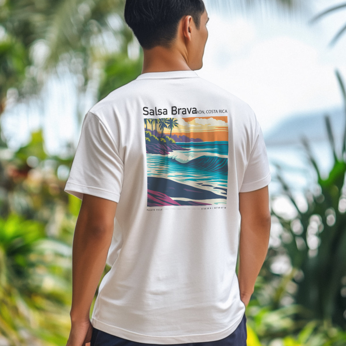 Salsa Brava Surf T-Shirt | Raw Power, Pure Costa Rica — design printed on the back of the t-shirt
