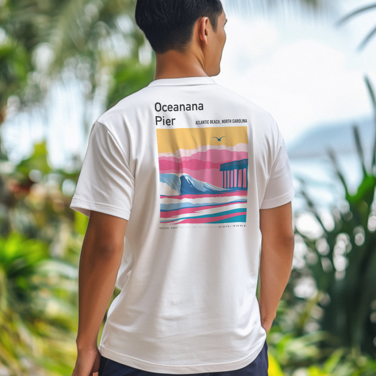 Oceanana Pier Surf T-Shirt | Carolina Coast Wave Tee — design printed on the back of the t-shirt