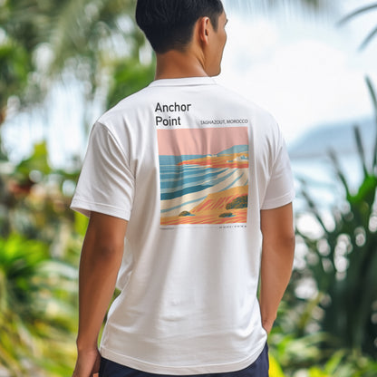 Anchor Point Surf T-Shirt | Moroccan Barrels Wave Art Tee — design printed on the back of the t-shirt