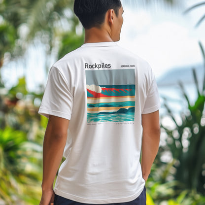 Rockpiles Surf T-Shirt | Raw Hawaiian Reef Wave Tee — design printed on the back of the t-shirt