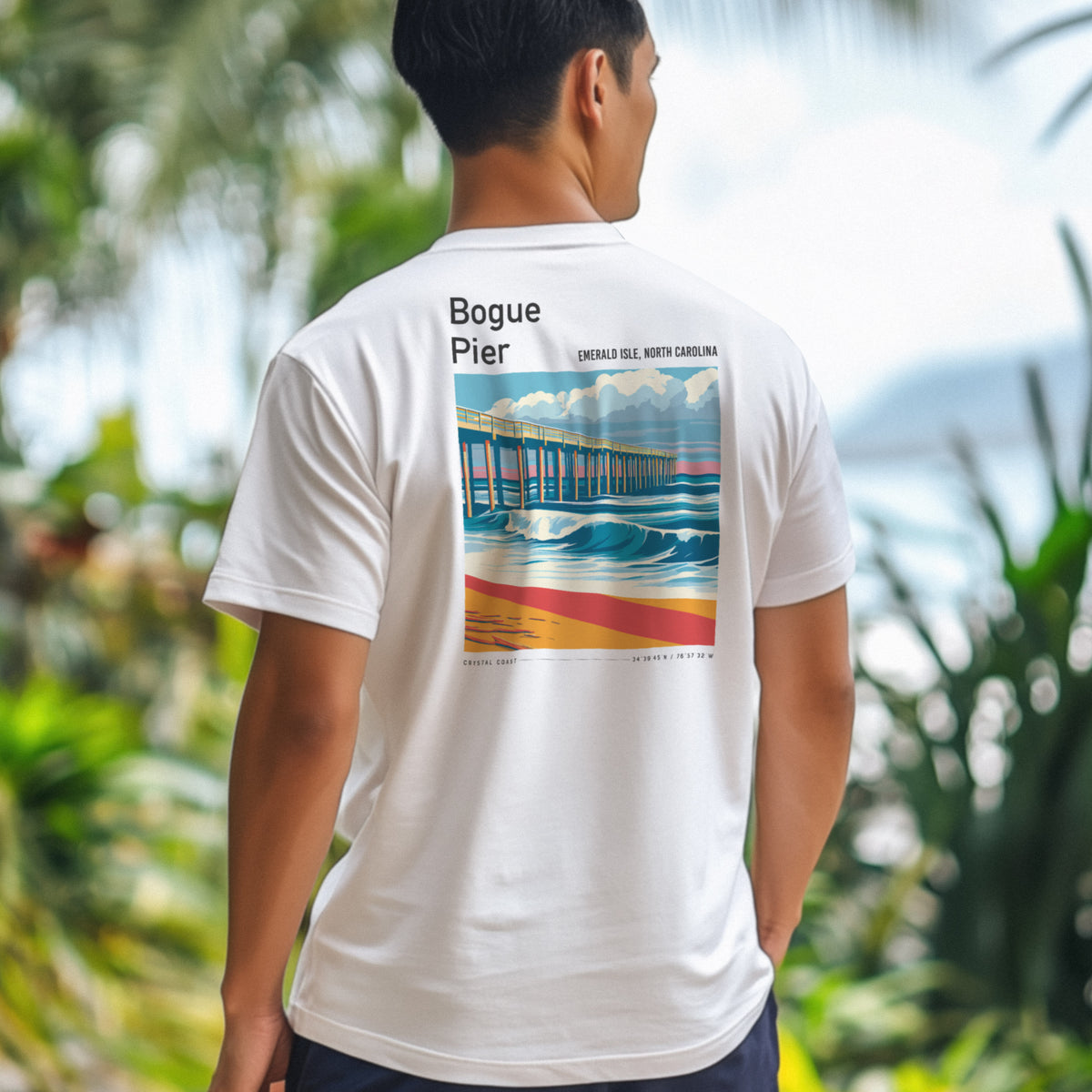 Bogue Pier Surf T-Shirt | Carolina Coast Wave Art Tee — design printed on the back of the t-shirt