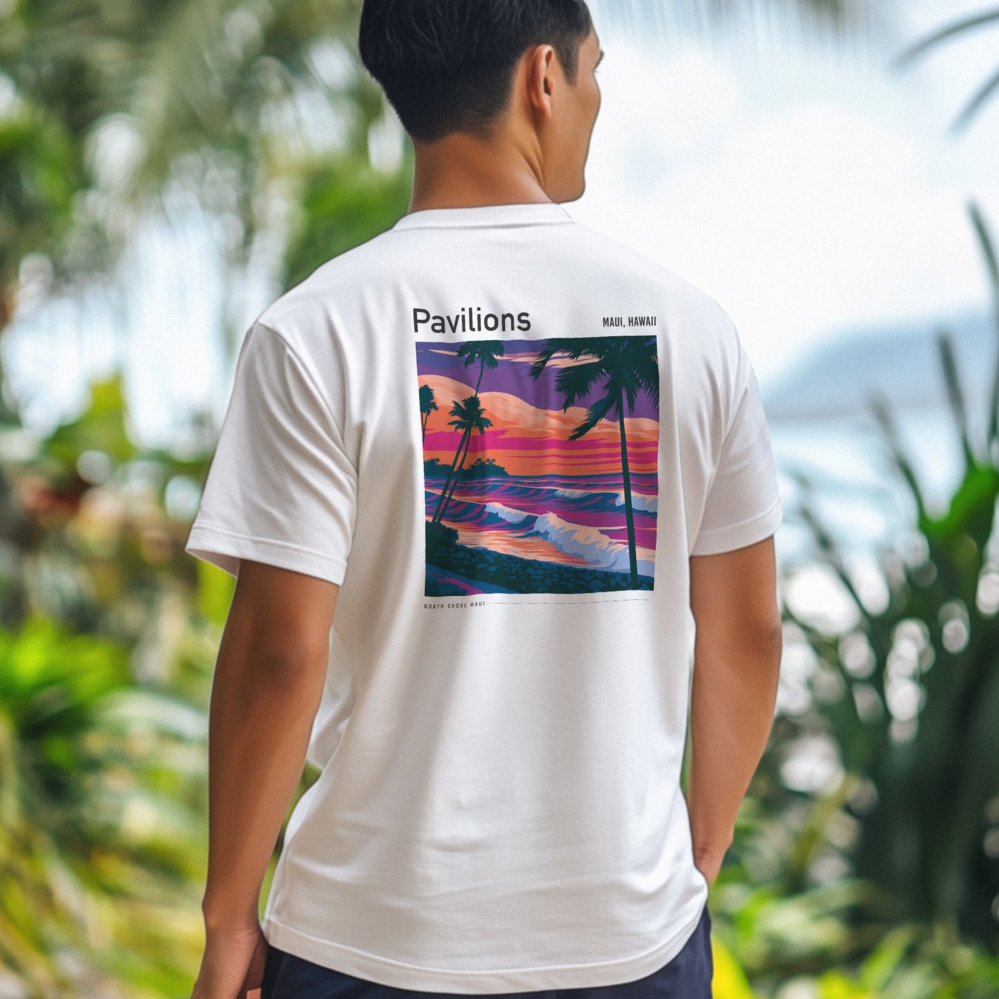 Pavilions Surf T-Shirt | Hawaii Wave Art Tee — design printed on the back of the t-shirt