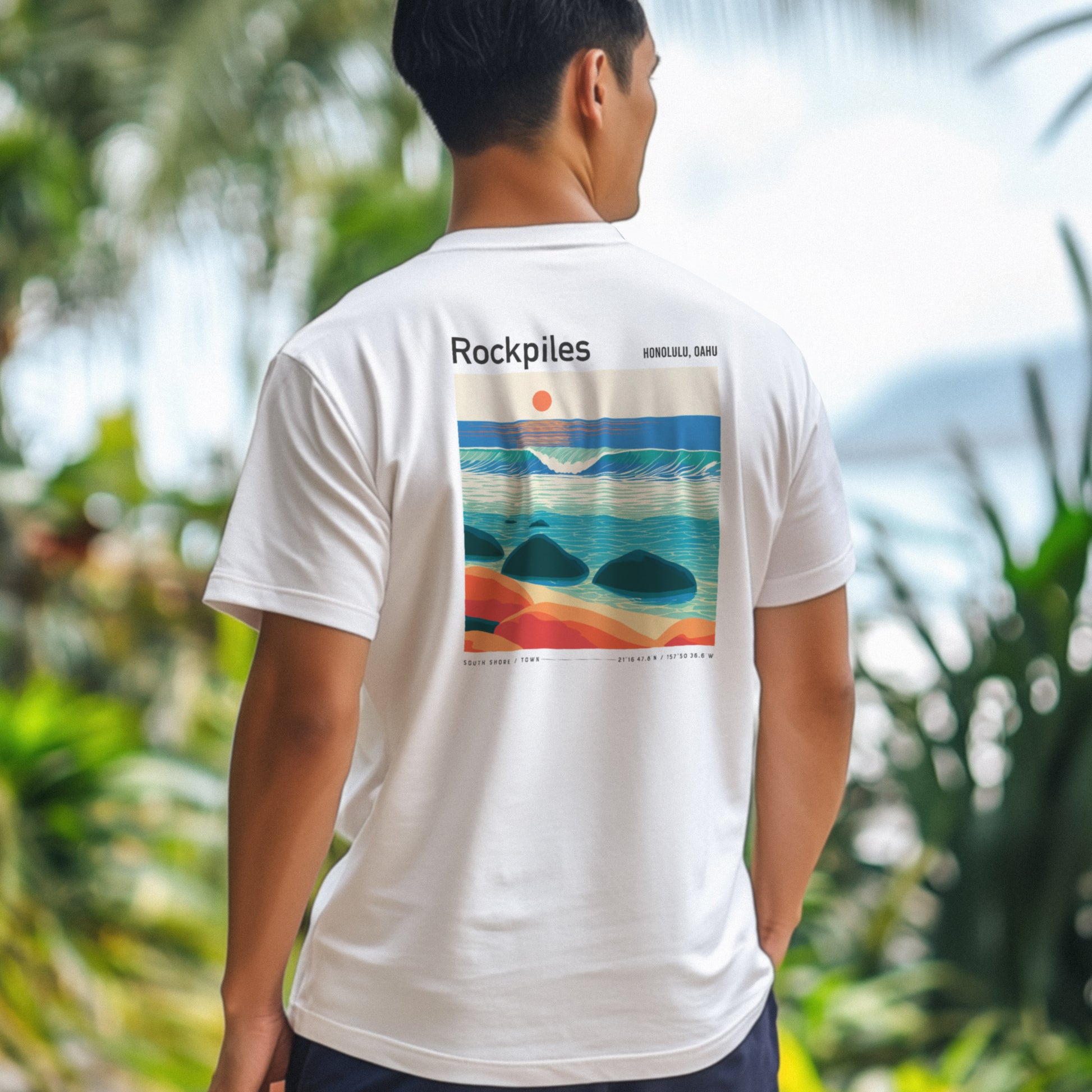 Rockpiles Surf T-Shirt | Raw Hawaiian Reef Wave Tee — design printed on the back of the t-shirt