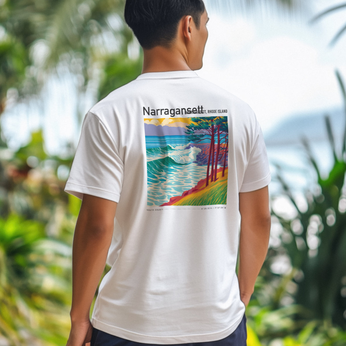 Narragansett Town Beach Surf T-Shirt | Rhode Island Wave Art Tee — design printed on the back of the t-shirt