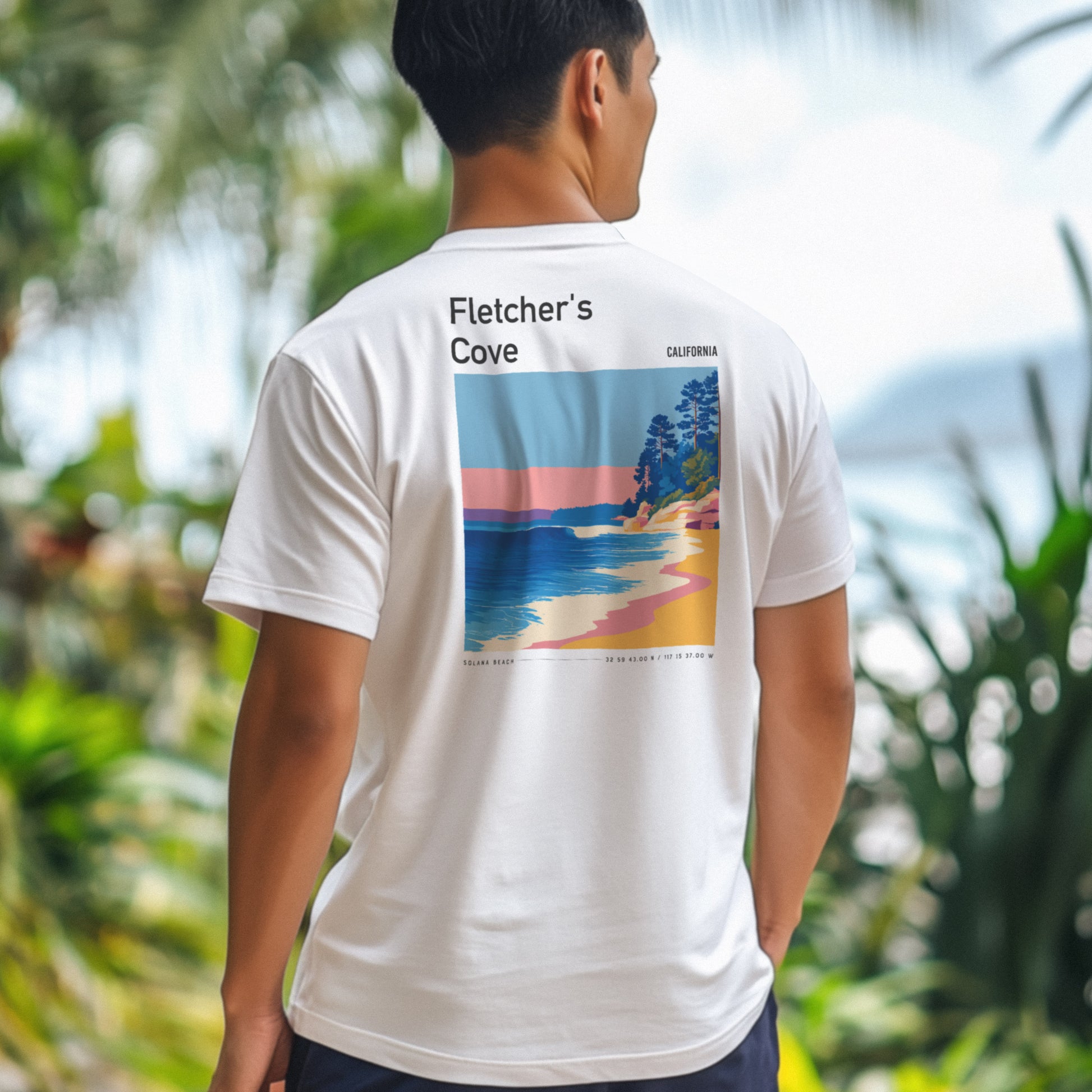 Fletcher's Cove Surf T-Shirt | Coastal Wave Art Tee — design printed on the back of the t-shirt