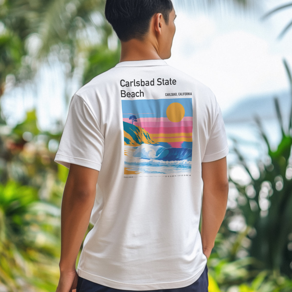 Carlsbad State Beach Surf T-Shirt | California Coast Wave Art — design printed on the back of the t-shirt