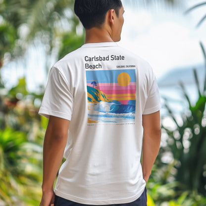 Carlsbad State Beach Surf T-Shirt | California Coast Wave Art — design printed on the back of the t-shirt