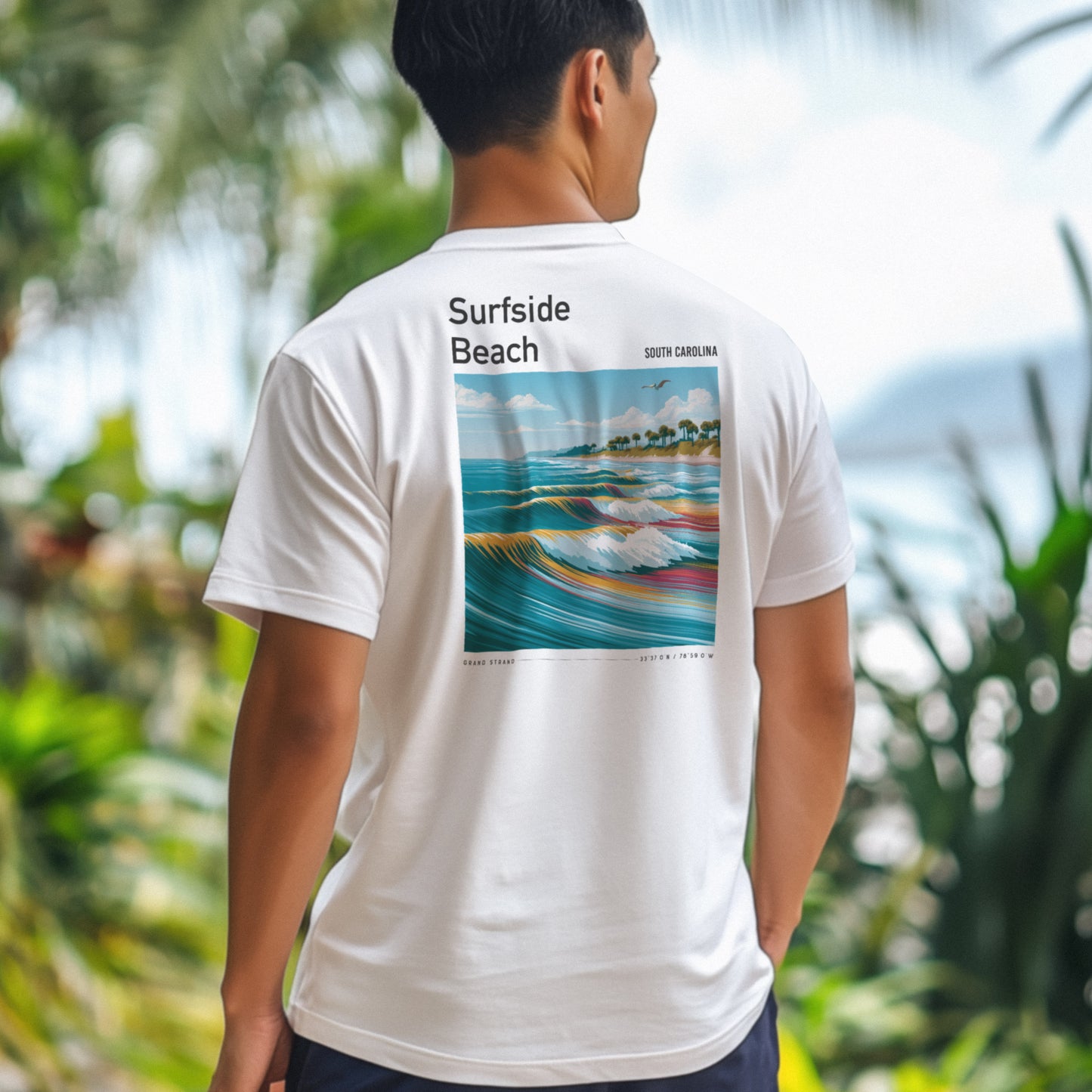 Surfside Beach Surf T-Shirt | South Carolina Shore Wave Tee — design printed on the back of the t-shirt