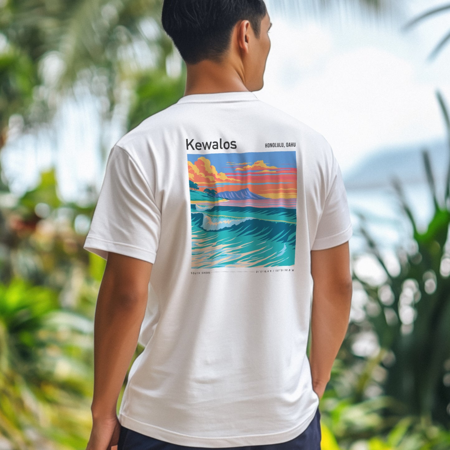 Kewalos Surf T-Shirt | Honolulu Break Wave Art Tee — design printed on the back of the t-shirt